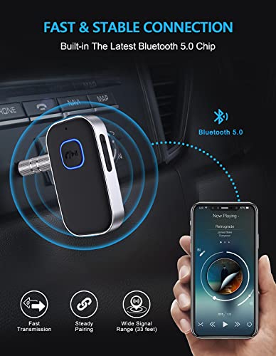 COMSOON Bluetooth 5.0 Receiver for Car, Noise Cancelling Bluetooth AUX Adapter, Bluetooth Music Receiver for Home Stereo/Wired Headphones/Hands-Free Call,16H Battery Life-Black+Silver