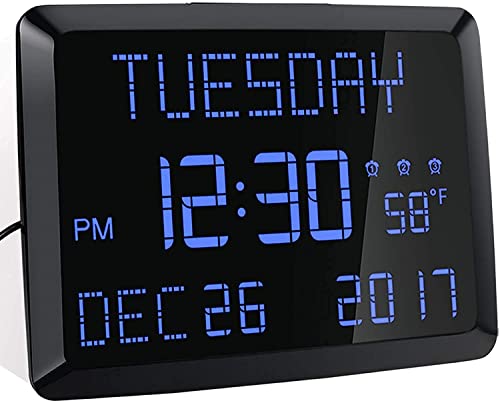 Digital Wall Clock, 11.5" Extra Large Display Calendar Alarm Day Clock with Date and Day of Week, Temperature,2 USB Chargers,3 Alarms & 12/24H LED Desk Clock for Office, Living Room, Bedroom, Elderly