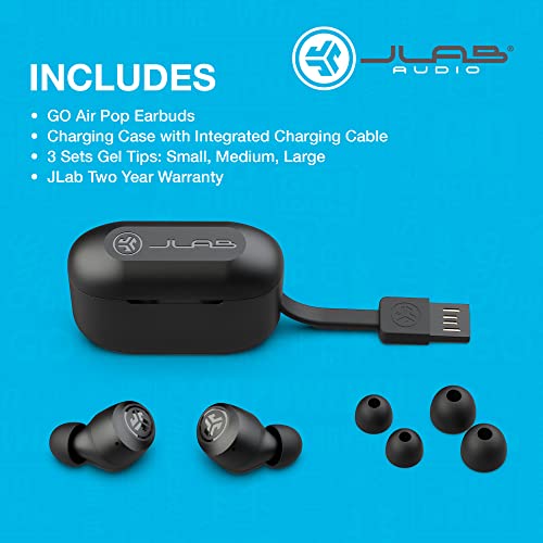 JLab Go Air Pop True Wireless Bluetooth Earbuds + Charging Case | Black | Dual Connect | IPX4 Sweat Resistance | Bluetooth 5.1 Connection | 3 EQ Sound Settings Signature, Balanced, Bass Boost
