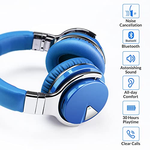 Silensys E7 Active Noise Cancelling Headphones Bluetooth Headphones with Microphone Deep Bass Wireless Headphones Over Ear, Comfortable Protein Earpads, 30 Hours Playtime for Travel/Work, Blue