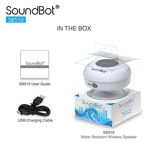 Soundbot SB510 HD Water Resistant Bluetooth Shower Speaker, Handsfree Portable Speakerphone with Built-in Mic, 6hrs of Playtime, Control Buttons and Dedicated Suction Cup for Showers (White)