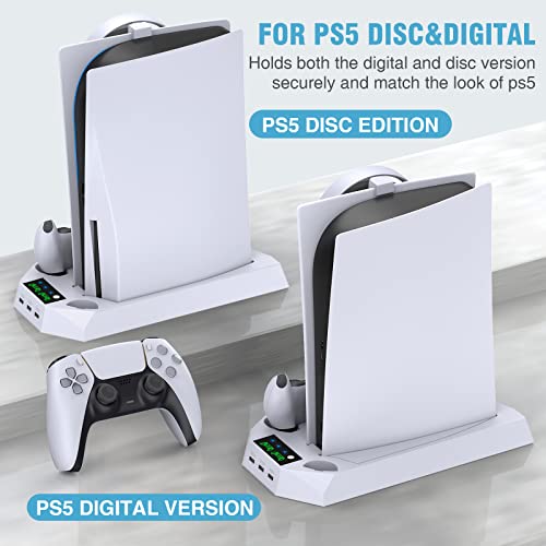 PS5 Stand and Cooling Station with Dual Controller Charging Station for Playstation 5 Console, PS5 Accessories Incl. Controller Charger, Cooling fan, Headset holder, 3 USB Hub, Media Slot, Screw White