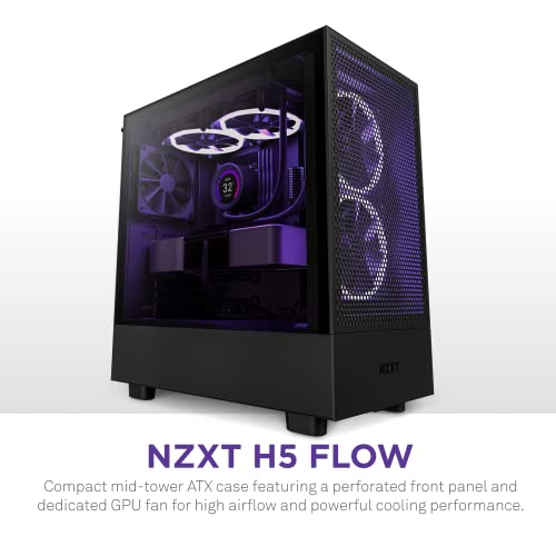 NZXT H5 Flow Compact ATX Mid-Tower PC Gaming Case – High Airflow Perforated Front Panel – Tempered Glass Side Panel – Cable Management – 2 x 120mm Fans Included – 280mm Radiator Support – Black