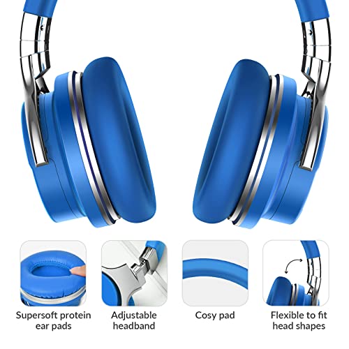 Silensys E7 Active Noise Cancelling Headphones Bluetooth Headphones with Microphone Deep Bass Wireless Headphones Over Ear, Comfortable Protein Earpads, 30 Hours Playtime for Travel/Work, Blue