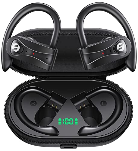 Bluetooth Headphones with Noise Canceling 4 Mic Stereo Sound Wireless Earbuds 60Hrs Playtime with Wireless Charging Case Over Ear Earphones LED Digital Display Headset with Earhooks for Sports Running