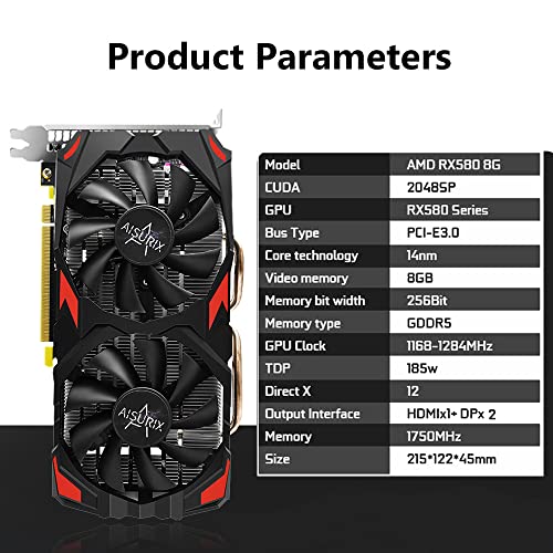 AISURIX Radeon RX 580 Graphic Cards, 2048SP, Real 8GB, GDDR5, 256 Bit, Pc Gaming Radeon Video Card for AMD, 2XDP, HDMI, PCI Express 3.0 with Freeze Fan Stop for Desktop Computer Gaming Gpu