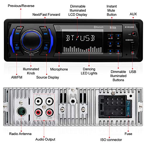 BOSS Audio Systems 616UAB Multimedia Car Stereo - Single Din LCD Bluetooth Audio and Hands-Free Calling, Built-in Microphone, MP3/USB, Aux-in, AM/FM Radio Receiver