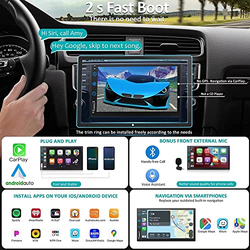 Double Din Car Stereo Radio Voice Control Apple Carplay & Android Auto, 7In HD LCD Touch Screen Bluetooth 5.2, MP5 Player with Mirror Link, Front/Backup Camera, USB/SD A/FM Audio Receiver, Subwoofer