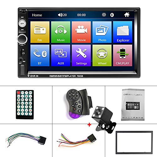 CAMECHO 7" Double Din Car Stereo Audio Bluetooth MP5 Player USB FM Multimedia Radio+ 4 LED Mini Backup Camera with Steering Wheel Remote Support Mobile Phone Synchronization (Used in Android /iOS)