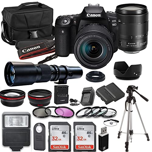 90D DSLR Camera Bundle with EF-S 18-135mm f/3.5-5.6 is USMLens + 500mm Preset Lens + 2pc SanDisk 32GB Memory Cards + Professional Kit