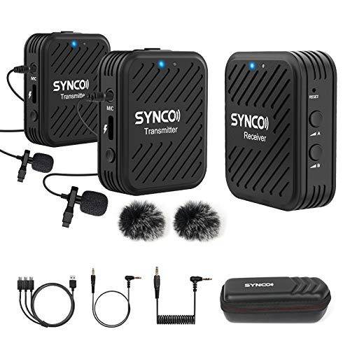 SYNCO Wireless Lavalier Microphones & System, G1(A2) 2.4G Dual Transmitter Lapel Mic 164FT 8H for YouTube Vlog Live Stream for Camera Smartphone Tablet, Wireless-Lavalier-Microphone-for-iPhone