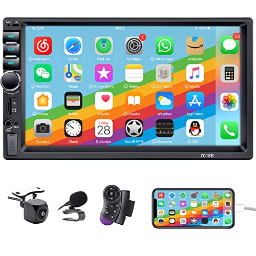 Double Din Car Stereo with Backup Camera, 7 Inch Touchscreen Car Radio Bluetooth Support Mirror Link, Hands Free Call/FM/TF/USB/EQ/Aux, Multimedia Car Audio with Steering Wheel Remote/Fast Charging