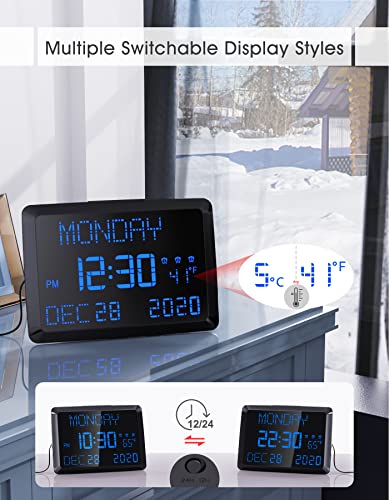 Digital Wall Clock, 11.5" Extra Large Display Calendar Alarm Day Clock with Date and Day of Week, Temperature,2 USB Chargers,3 Alarms & 12/24H LED Desk Clock for Office, Living Room, Bedroom, Elderly